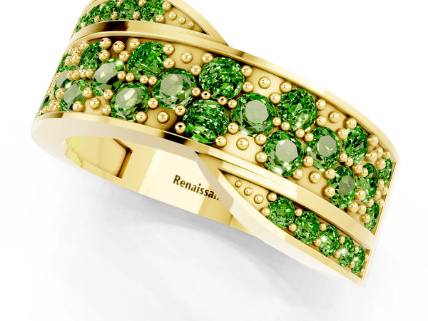 Yellow gold Pavé Round Peridot Crossover Band with Bead Prong Setting