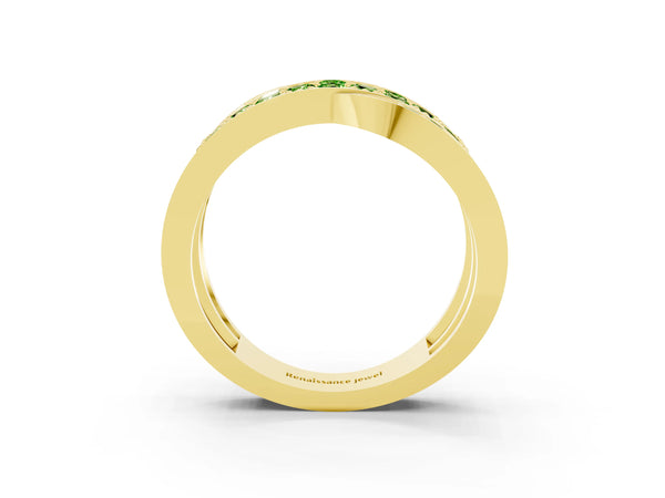 Yellow gold Pavé Round Peridot Crossover Band with Bead Prong Setting