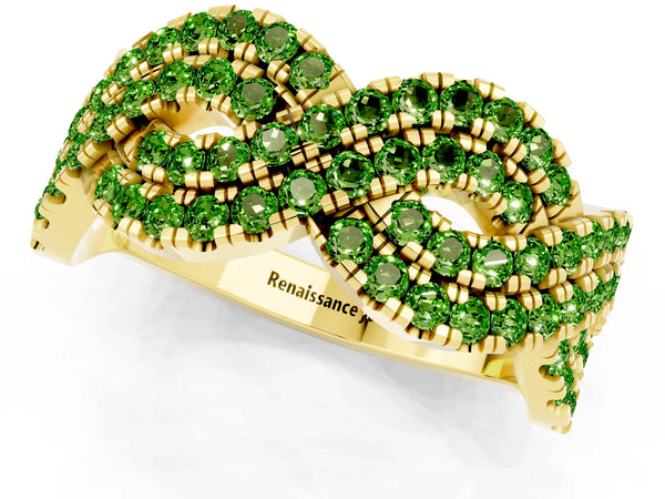 Yellow Gold Round Peridot Pave Infinity Twist Wedding Band with Shared Prongs