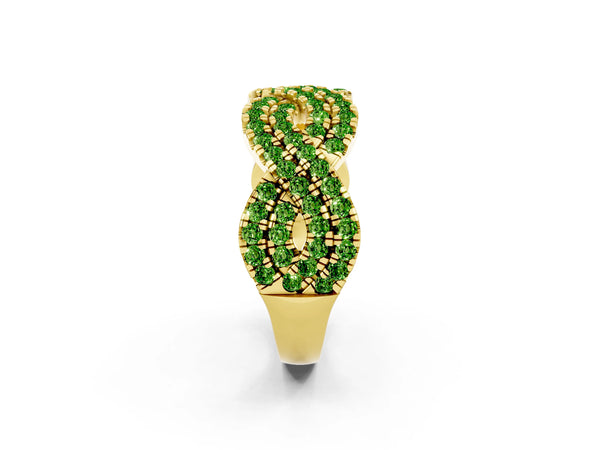 Yellow Gold Round Peridot Pave Infinity Twist Wedding Band with Shared Prongs