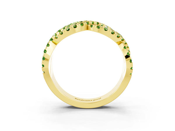 Yellow Gold Round Peridot Pave Infinity Twist Wedding Band with Shared Prongs