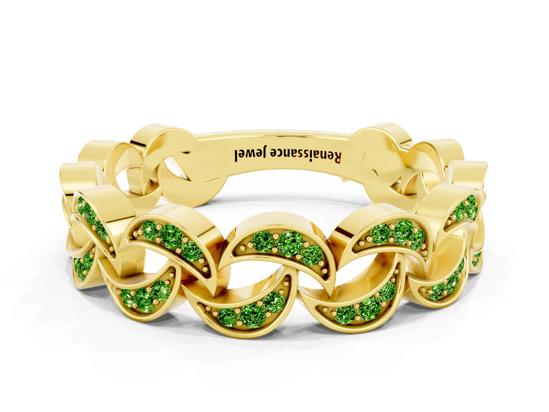 Yellow gold Pavé Round Peridot Interlocking Eternity Band with Bezel Prong Setting_6