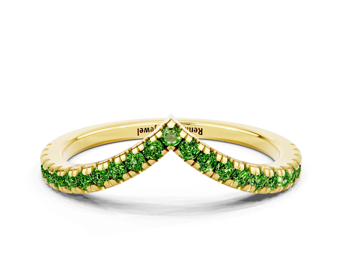 Yellow gold Pavé Round Peridot V-Shaped Chevron Band with Shared Prong Setting_6