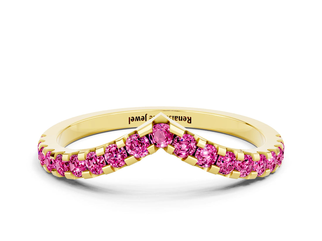 Yellow gold Pavé Round Pink Sapphire Chevron Band with Shared Prong Setting_18