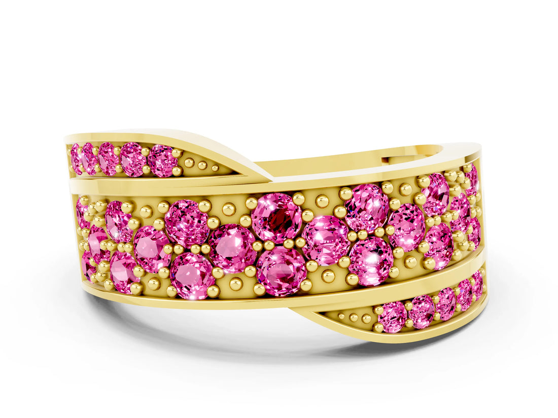 Yellow gold Pavé Round Pink Sapphire Crossover Band with Bead Prong Setting_6