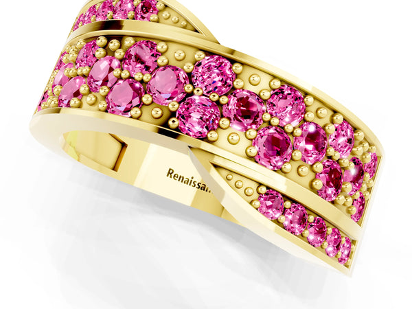 Yellow gold Pavé Round Pink Sapphire Crossover Band with Bead Prong Setting