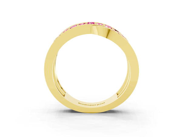 Yellow gold Pavé Round Pink Sapphire Crossover Band with Bead Prong Setting