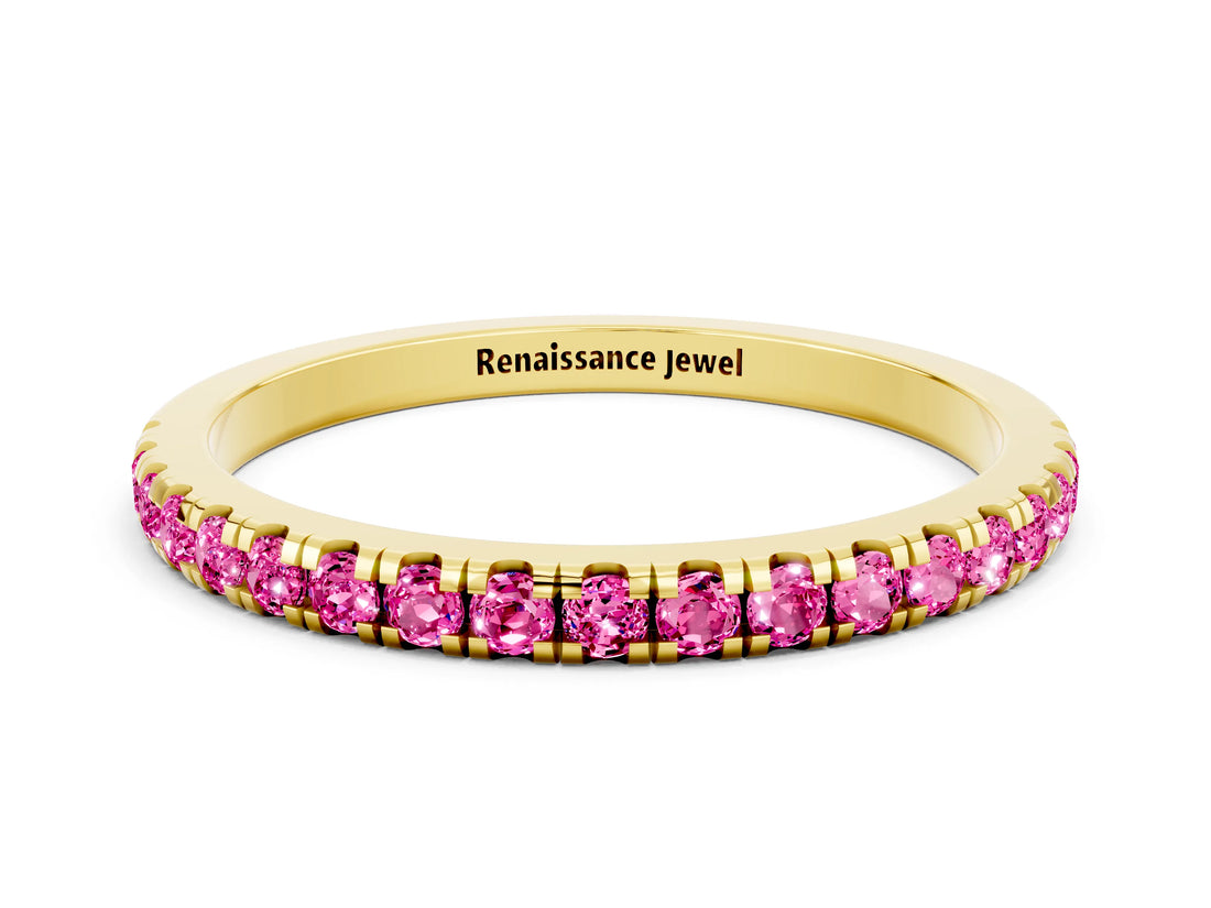 Yellow gold Pavé Round Pink Sapphire Half Eternity Band with Shared Prong Setting_18