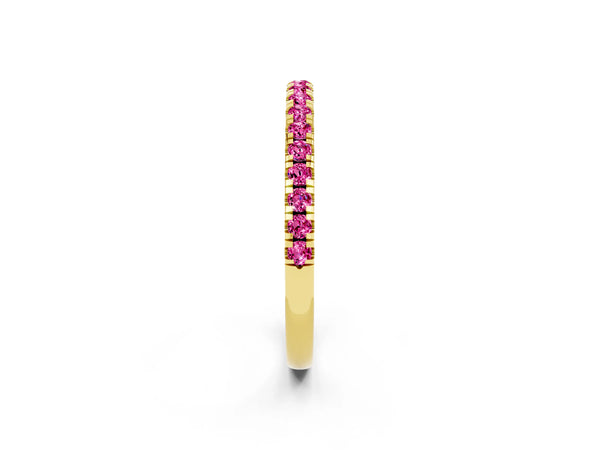 Yellow Gold Round Lab-Grown Pink Sapphire Slim Pave Half Eternity Band with Shared Prongs