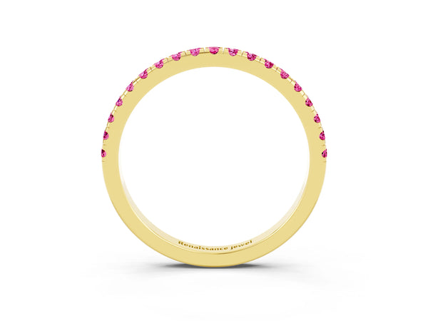 Yellow Gold Round Lab-Grown Pink Sapphire Slim Pave Half Eternity Band with Shared Prongs
