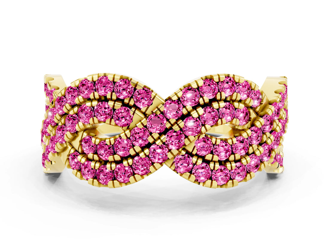 Yellow gold Pavé Round Pink Sapphire Infinity Twist Band with Shared Prong Setting_6