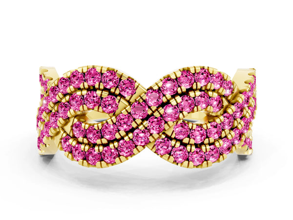 Yellow Gold Round Lab-Grown Pink Sapphire Pave Infinity Twist Wedding Band with Shared Prongs
