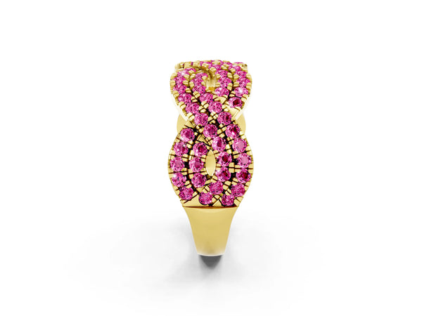Yellow Gold Round Lab-Grown Pink Sapphire Pave Infinity Twist Wedding Band with Shared Prongs