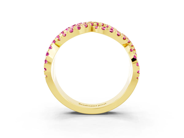 Yellow Gold Round Lab-Grown Pink Sapphire Pave Infinity Twist Wedding Band with Shared Prongs