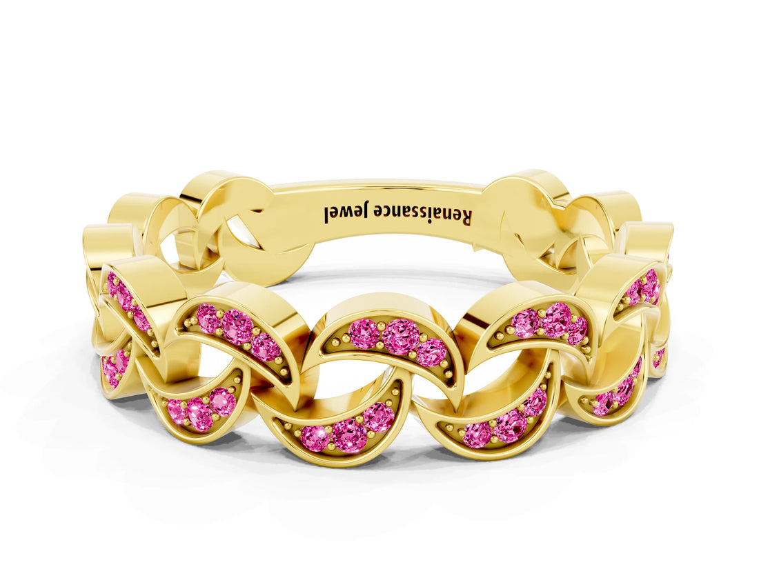 Yellow gold Pavé Round Pink Sapphire Interlocking Eternity Band with Bezel Prong Setting_6