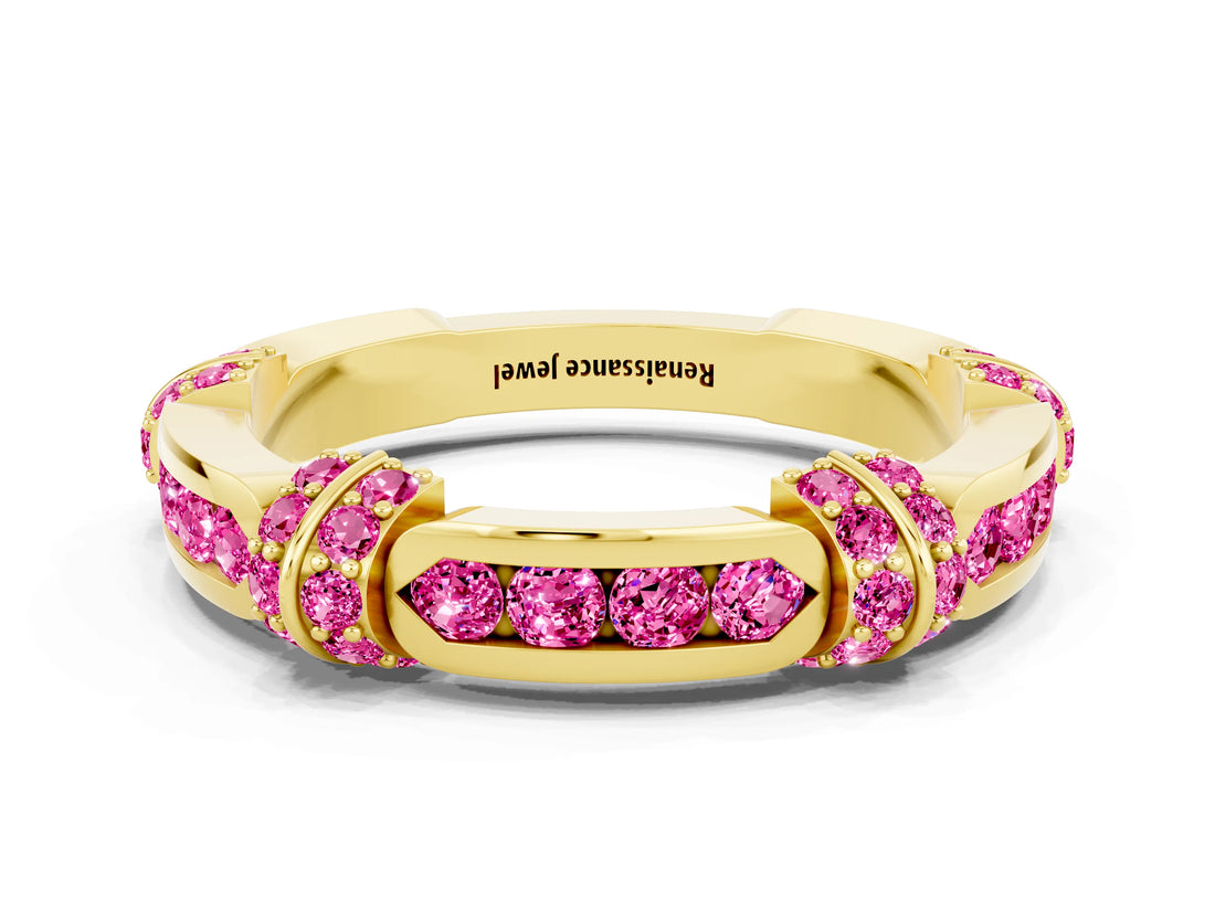 Yellow gold Pavé Round Pink Sapphire Link Band with Bezel Setting_30