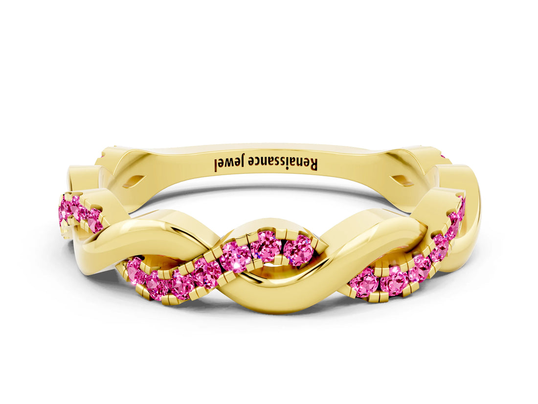 Yellow gold Pavé Round Pink Sapphire Twist Eternity Band with Shared Prong Setting_30