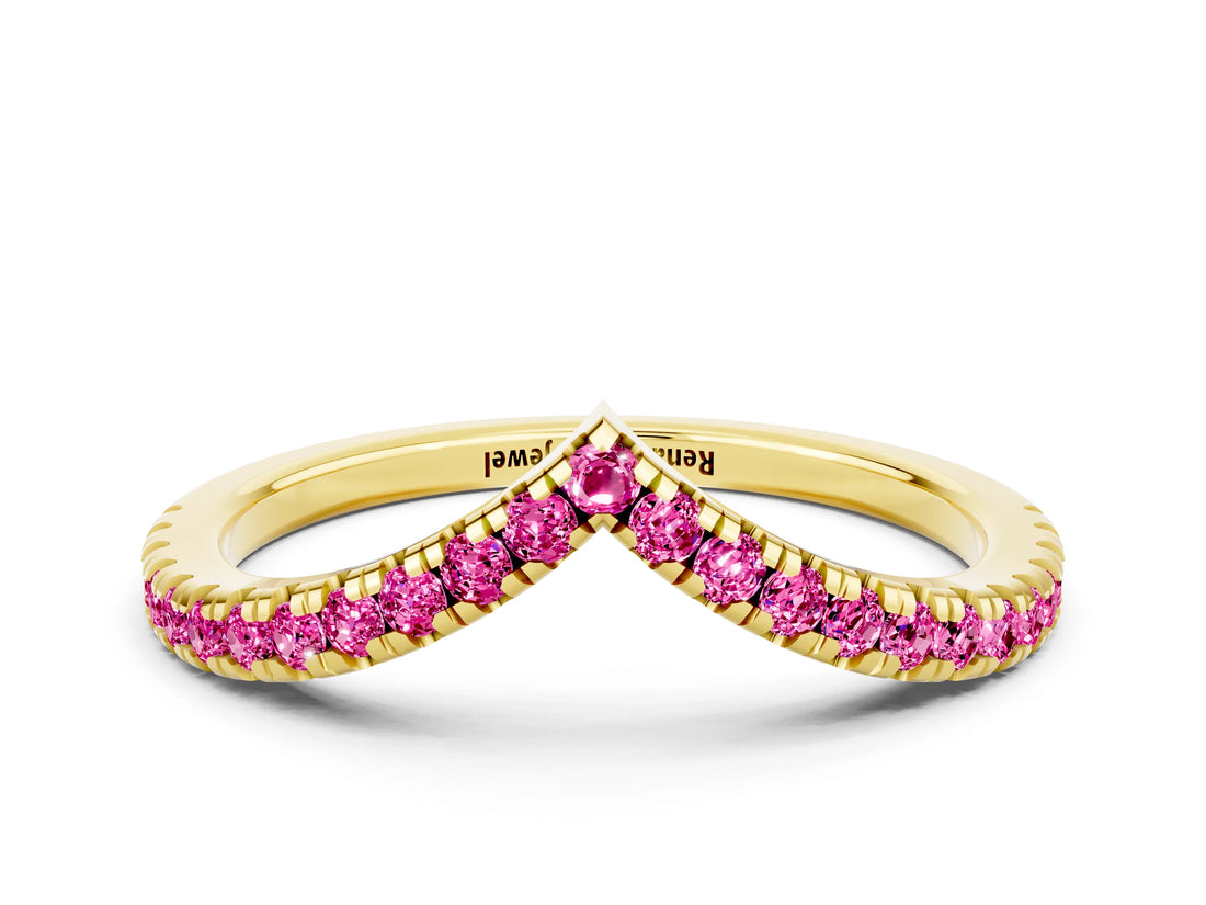 Yellow gold Pavé Round Pink Sapphire V-Shaped Chevron Band with Shared Prong Setting_18