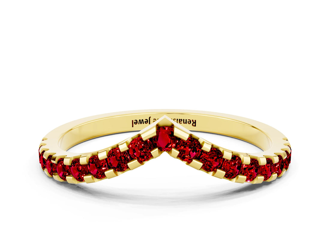 Yellow gold Pavé Round Ruby Chevron Band with Shared Prong Setting_6