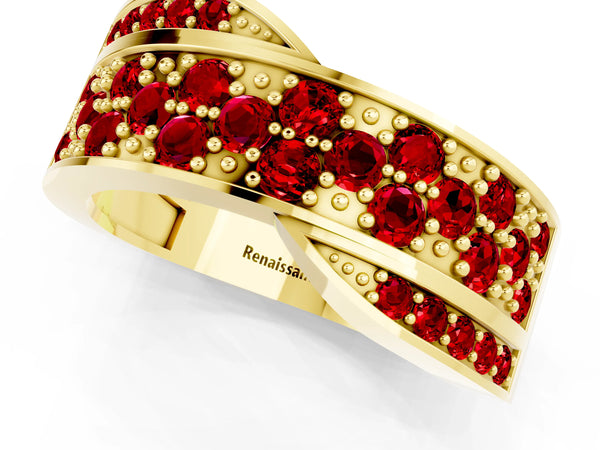 Yellow gold Pavé Round Ruby Crossover Band with Bead Prong Setting