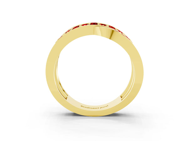 Yellow gold Pavé Round Ruby Crossover Band with Bead Prong Setting