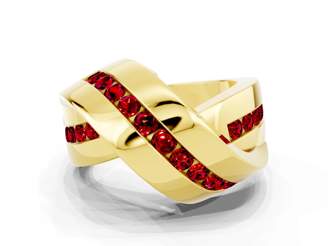 Yellow gold Pavé Round Ruby Crossover Band with Channel Setting_6
