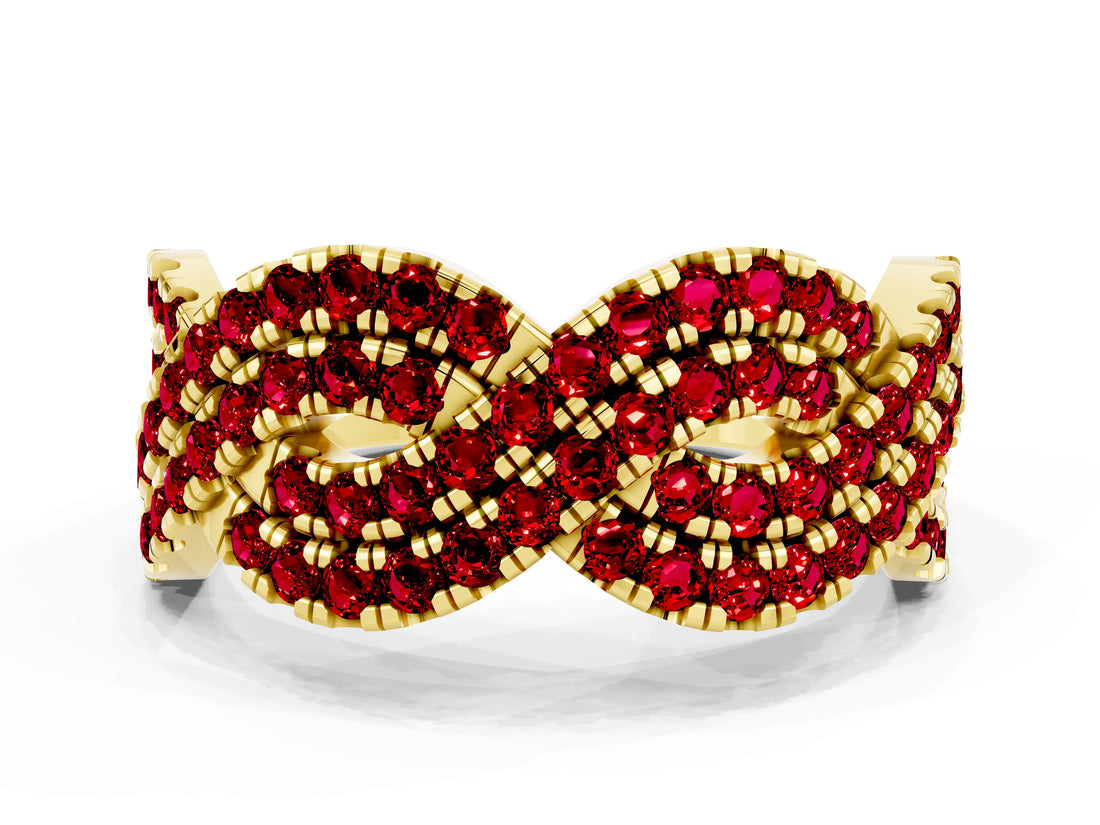 Yellow gold Pavé Round Ruby Infinity Twist Band with Shared Prong Setting_6