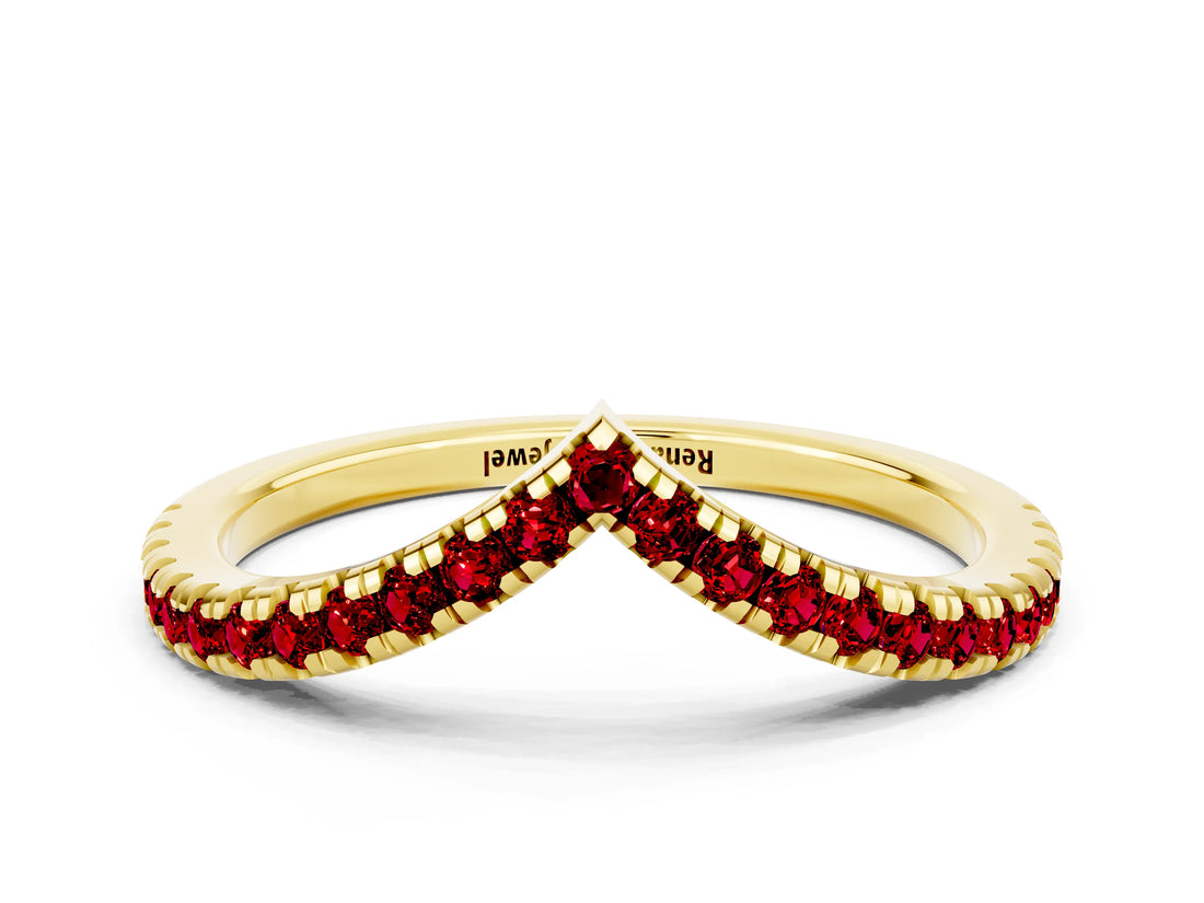 Yellow gold Pavé Round Ruby V-Shaped Chevron Band with Shared Prong Setting_6
