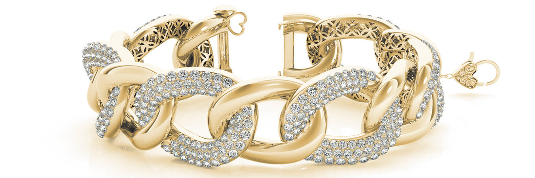 Yellow gold Pavé Round Stone Chain Link Bracelet with Heart Clasp