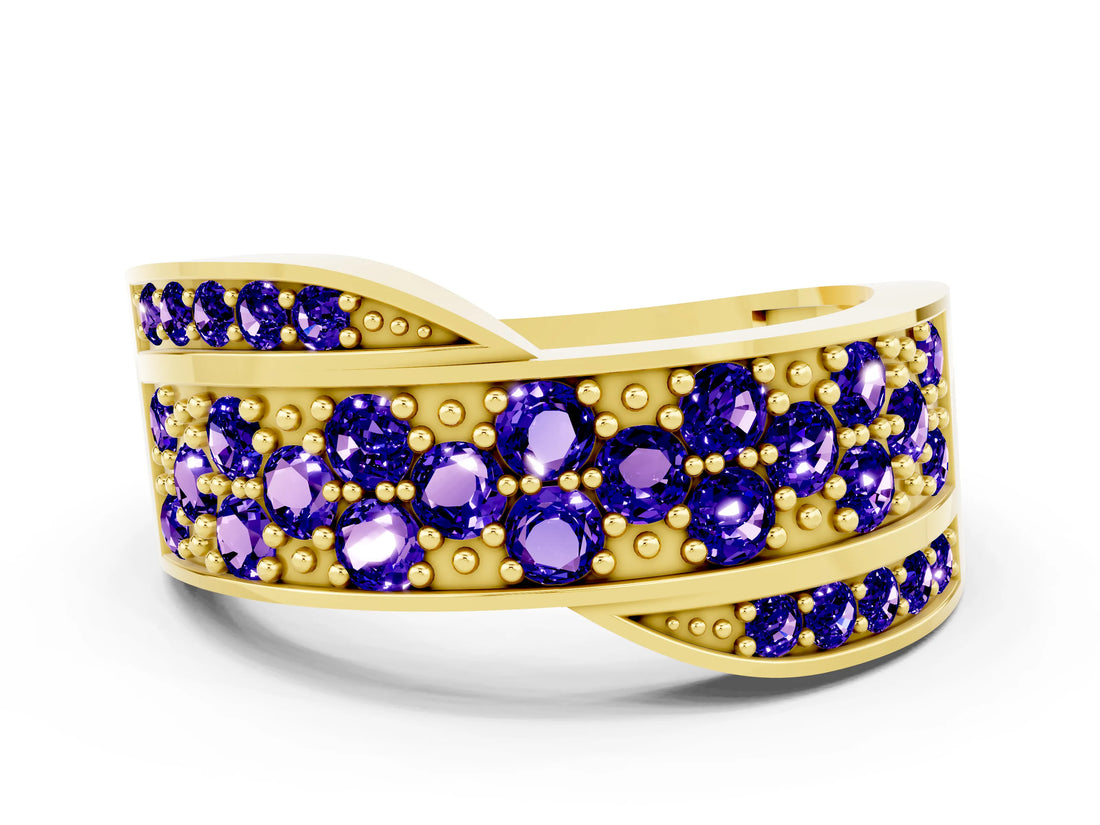 Yellow gold Pavé Round Tanzanite Crossover Band with Bead Prong Setting_6