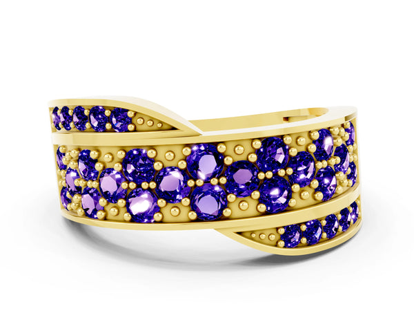 Yellow gold Pavé Round Tanzanite Crossover Band with Bead Prong Setting