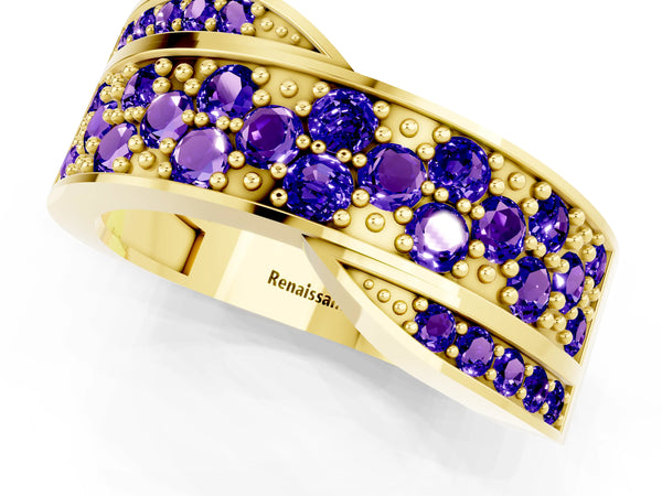 Yellow gold Pavé Round Tanzanite Crossover Band with Bead Prong Setting