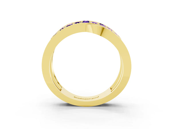 Yellow gold Pavé Round Tanzanite Crossover Band with Bead Prong Setting