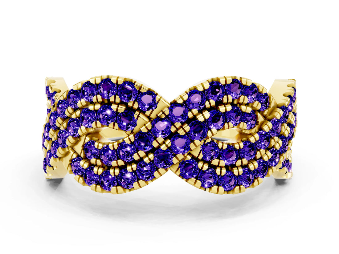 Yellow gold Pavé Round Tanzanite Infinity Twist Band with Shared Prong Setting_6