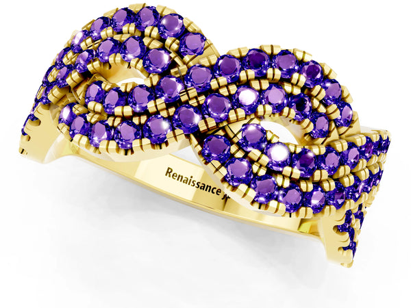 Yellow Gold Round Tanzanite Pave Infinity Twist Wedding Band with Shared Prongs