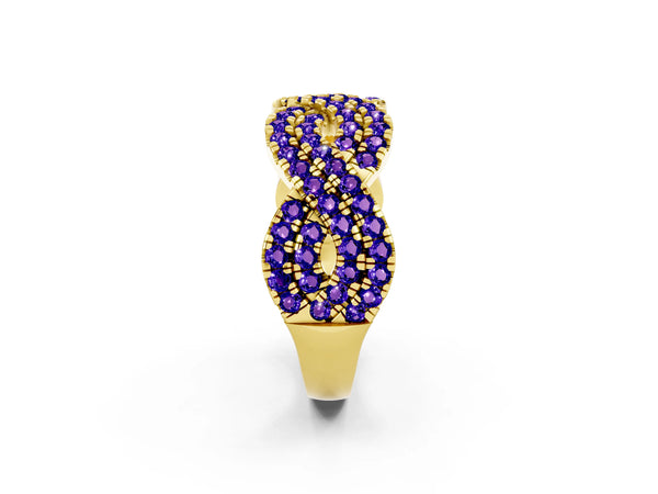 Yellow Gold Round Tanzanite Pave Infinity Twist Wedding Band with Shared Prongs