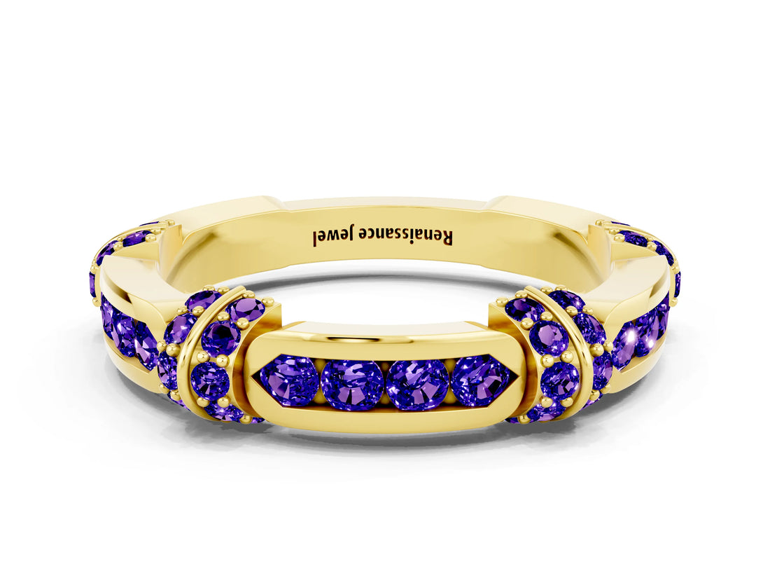 Yellow gold Pavé Round Tanzanite Link Band with Bezel Setting_30