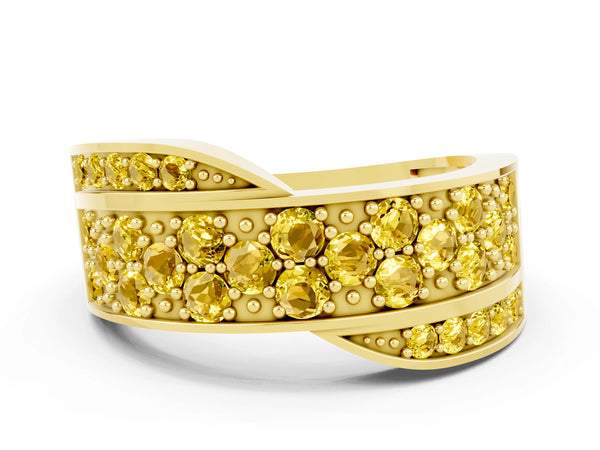 Yellow gold Pavé Round Yellow Sapphire Crossover Band with Bead Prong Setting