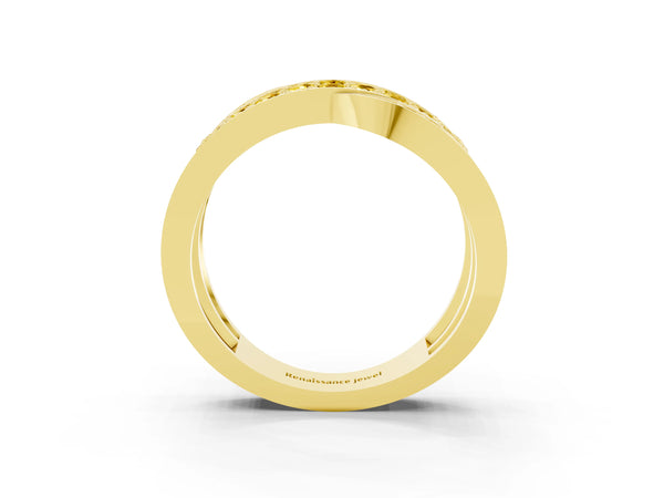 Yellow gold Pavé Round Yellow Sapphire Crossover Band with Bead Prong Setting