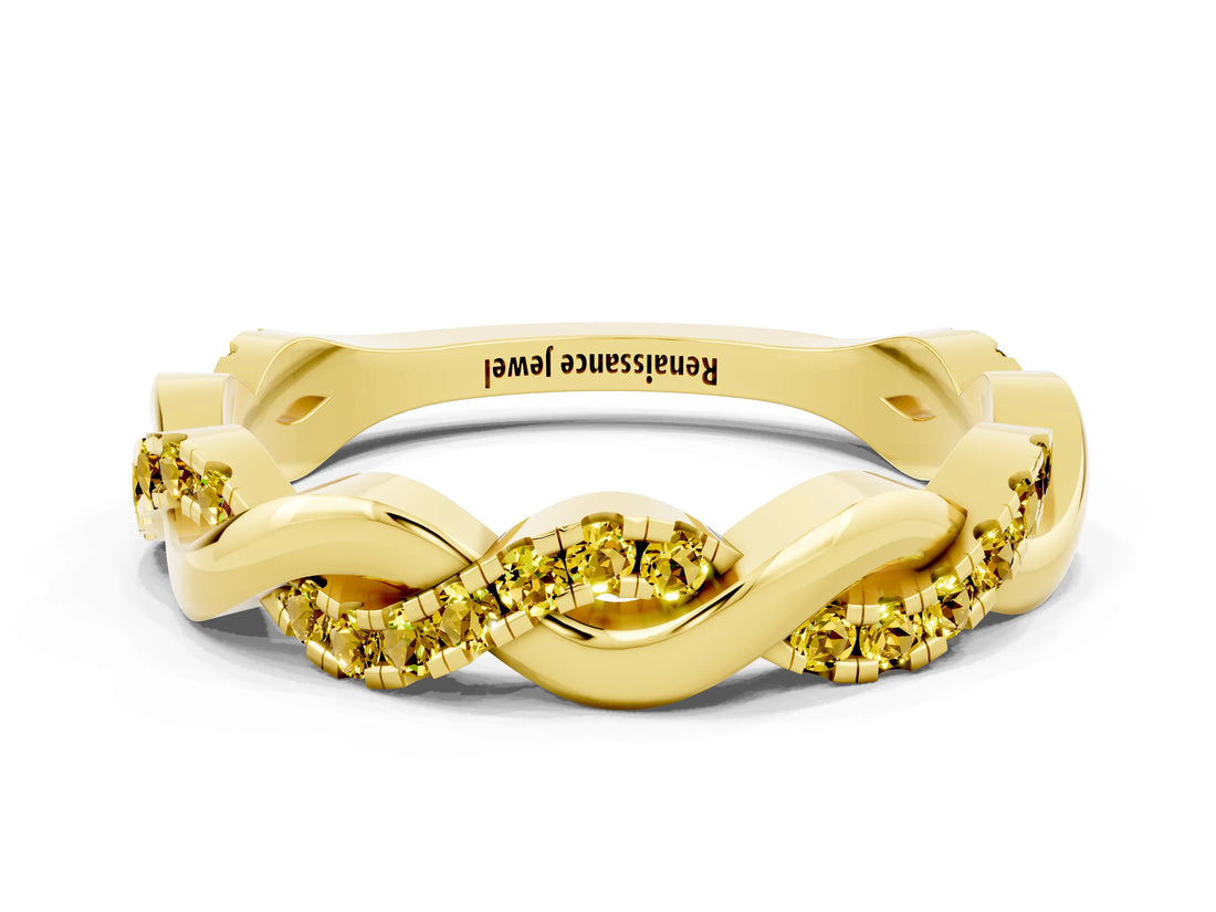 Yellow gold Pavé Round Yellow Sapphire Twist Eternity Band with Shared Prong Setting_30