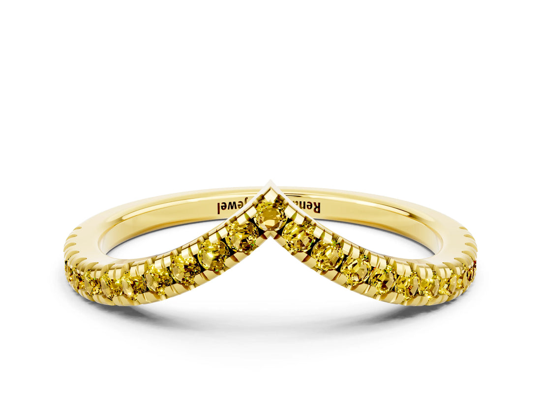 Yellow gold Pavé Round Yellow Sapphire V-Shaped Chevron Band with Shared Prong Setting_18