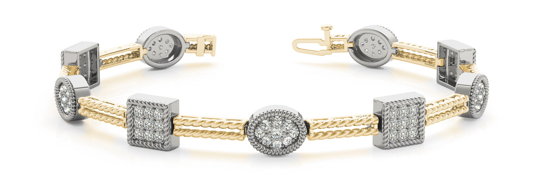 Yellow gold Pavé Round and Square Diamond Rope Bracelet with Bezel Setting