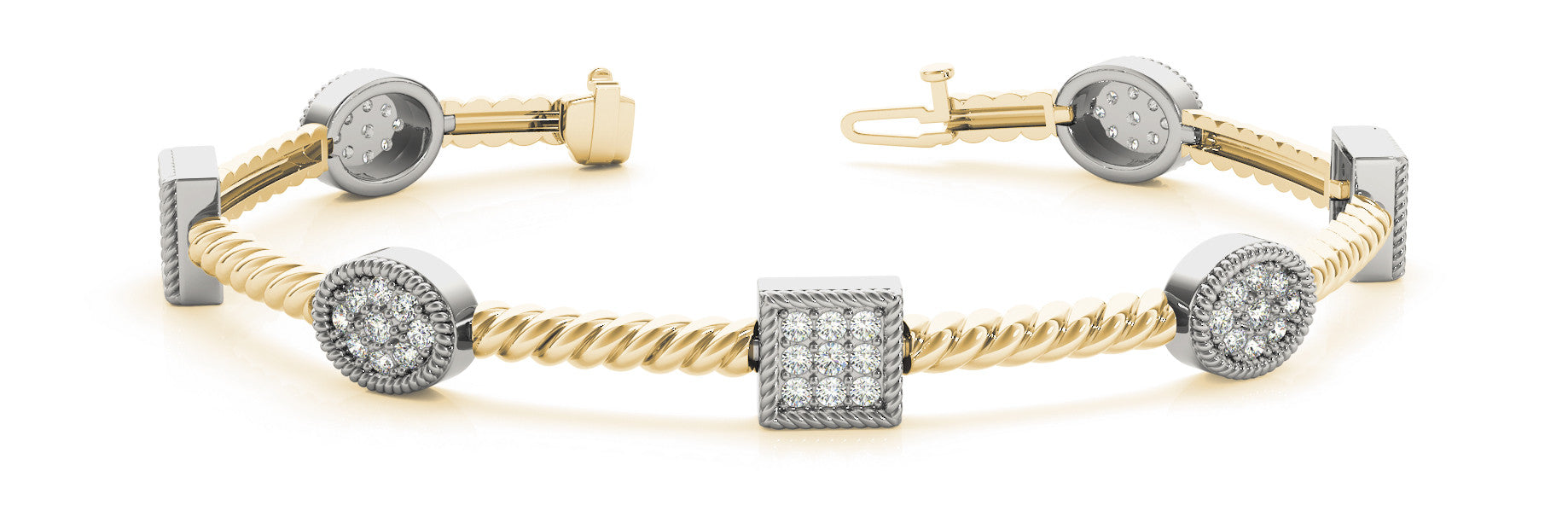 Yellow gold Pavé Round and Square Diamond Twisted Cable Bracelet