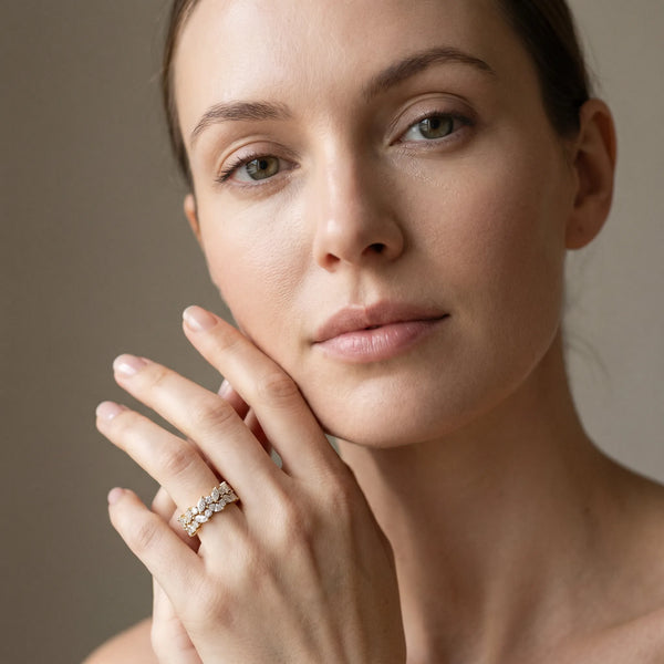 Yellow gold Pave Marquise and Round Diamond Eternity Band with Prong Setting