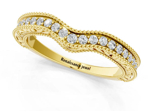 Yellow gold Pave Round Diamond Curved Milgrain Band