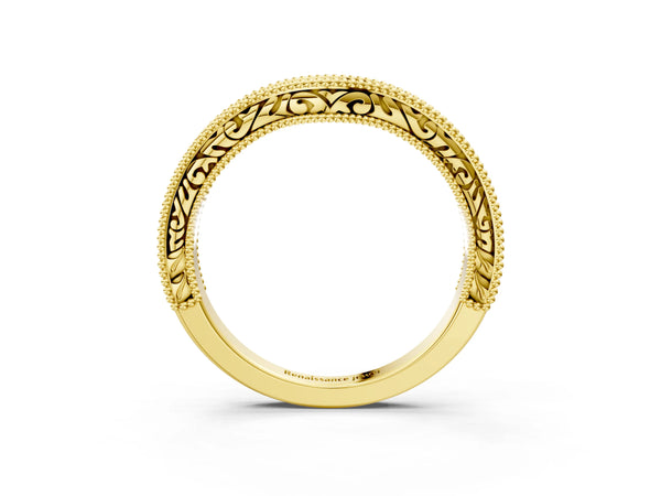 Yellow gold Pave Round Diamond Curved Milgrain Band