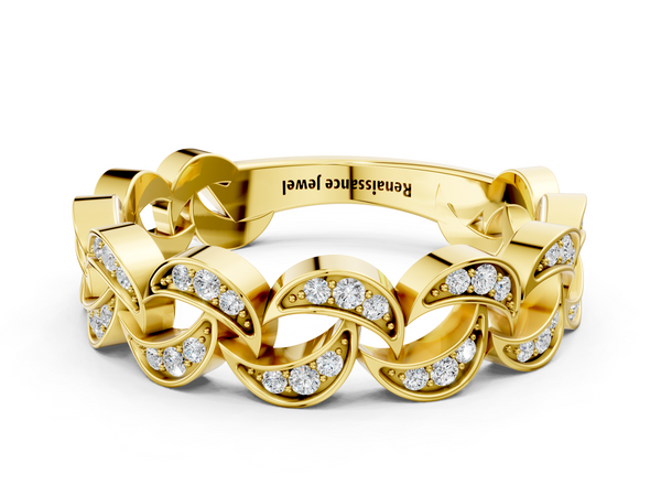 Yellow gold Pavé Round Diamond Interlocking Eternity Band with Bezel Prong Setting