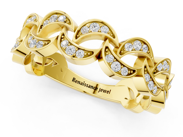 Yellow gold Pavé Round Diamond Interlocking Eternity Band with Bezel Prong Setting