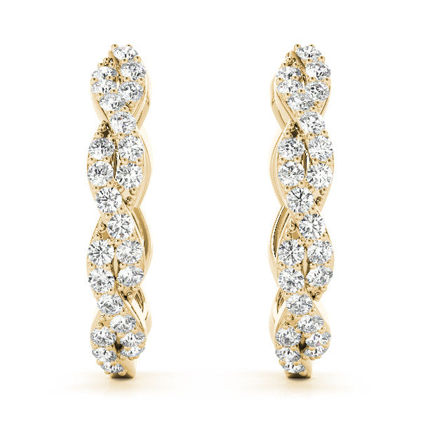 Yellow gold Pave Round Diamond Twisted Hoop Earrings with Shared Prong Setting