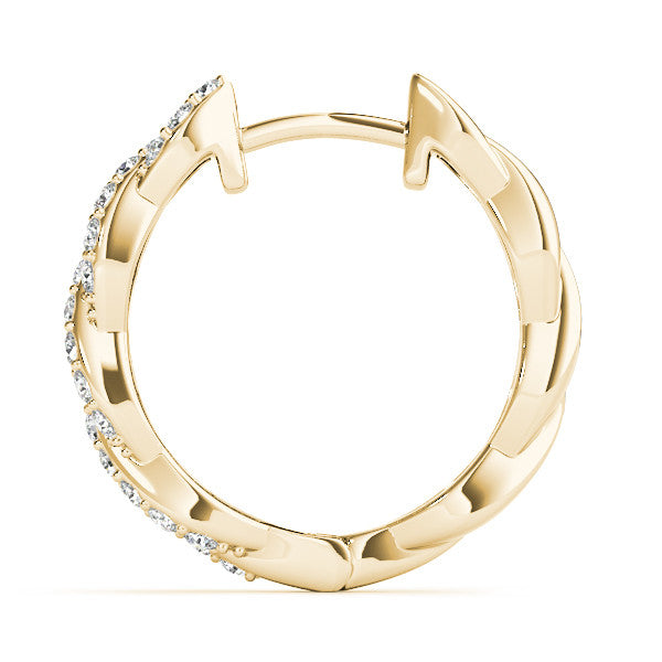 Yellow gold Pave Round Diamond Twisted Hoop Earrings with Shared Prong Setting